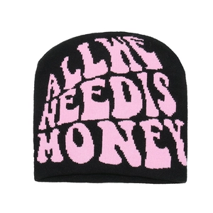Y2K knit beanie in black and pink with All We Need Is Honey jacquard pattern