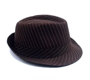 Side view detail of dark brown fedora hat with white diagonal pinstripe stitching texture