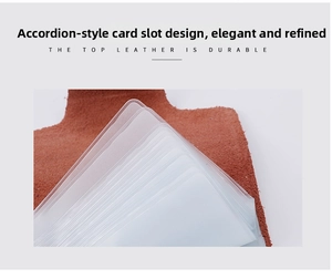 Macro detail of the accordion-style multi-slot leather card holder with internal layers