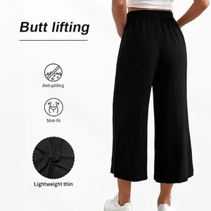 Damen Culotte Hose mit hoher Taille in Schwarz aus plissiertem, leichtem Stoff