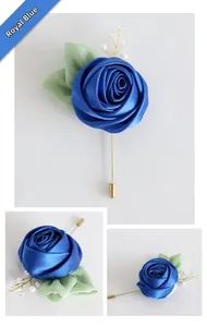 Detail view of a handcrafted royal blue satin rose boutonniere with elegant pearl accents