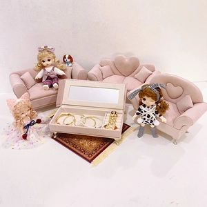 Pink velvet jewelry box organizer with mirror and miniature sofa scene display