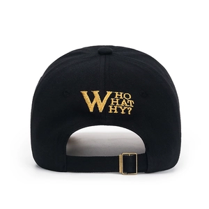 Black baseball cap with gold 'WHO HAT HY?' embroidery and adjustable metal buckle back
