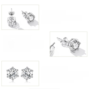 Detail of 925 sterling silver stud earrings with six-prong cubic zirconia setting