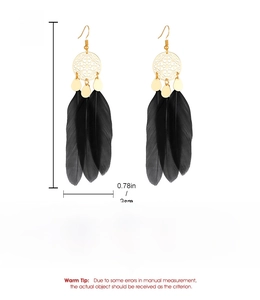 Detail view of bohemian long feather earrings with 11x2cm dimensions and alloy material info