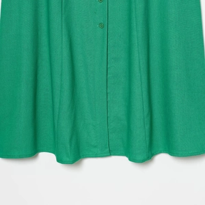 Linen blend sleeveless green maxi dress with front buttons and wide hem details