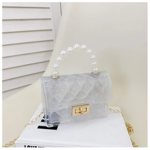 Macro detail of transparent PVC jelly bag with quilted texture and pearl bead handle