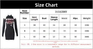 Size chart table for the long sleeve off-shoulder dress with detailed measurements in CM