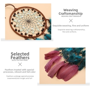 Detail of handmade dreamcatcher featuring woven mesh, beads and natural peacock feathers