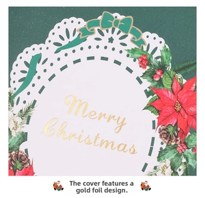 Detailed close-up of gold foil Merry Christmas lettering on green greeting card cover