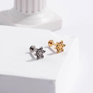Detailed view of hollow snowflake-shaped G23 titanium stud earrings in gold and silver