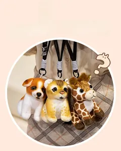 Three plush animal keychains including a puppy and giraffe with adjustable lanyards