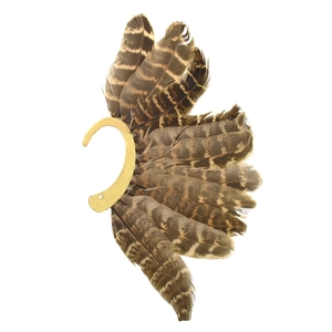 Detailed macro shot of vintage striped feathers attached to a golden crescent ear hook