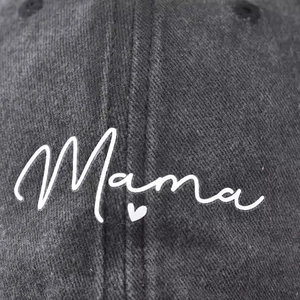 Washed dark grey cotton baseball cap featuring white Mama embroidery with a small heart