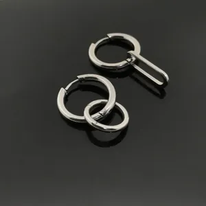 Minimalist silver stainless steel hoop earrings with round and oval cone pendants