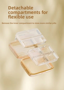 Detail showing the removable four-compartment inner tray of this portable pill box organizer
