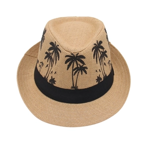 Straw Panama hat with black palm tree patterns and decorative ribbon for beach vacation