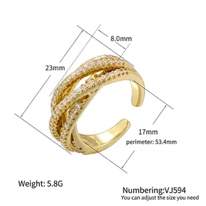 Luxury cross layered adjustable gold ring with sparkling multi-row pavé cubic zirconia