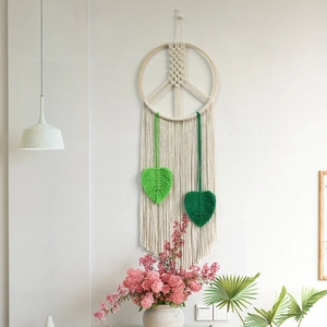 Boho cotton rope woven peace sign wall hanging tapestry with green leaf accents