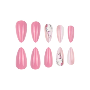 Pink almond press-on nails set featuring floral patterns and pearlescent gradient finish