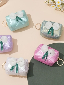 Mini Quilted Coin Purse Keychain Pouch With Bow Artificial Pearl Decoration Heart Pattern Zippered Small Storage Bag For Women