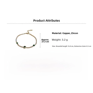 Détails du bracelet tennis doré de 16,8 cm avec zircons verts et mesures précises