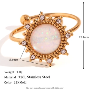 18K gold plated 316L stainless steel sun ring with white opal and sparkly rhinestones