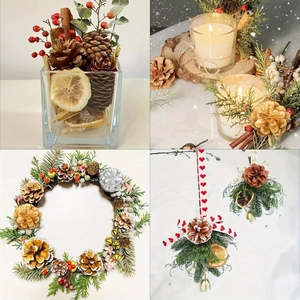 Natural pine cone Christmas decoration set with festive red berries and green plants