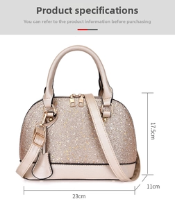 Champagne glitter shell bag dimensions with 23cm length, 17.5cm height and 11cm width