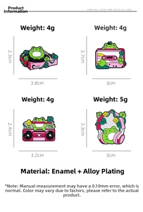 Macro view of four cartoon frog enamel pins with vintage music themes and alloy details
