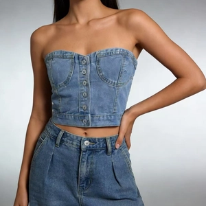 Haut Bustier En Jean Pour Femmes Boutonné Court Sans Bretelles Tube Top Dos Froncé Coupe Slim Été Casual Streetwear