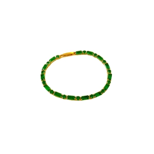 Gold plated bracelet featuring rectangular emerald green zircon stones on white background