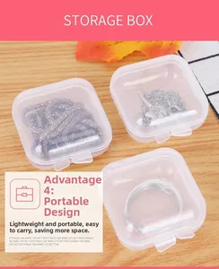 Mini transparent plastic storage boxes for jewelry with secure buckle lids on wood