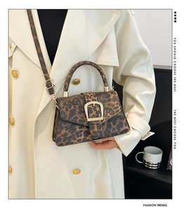 Detail of leopard print crossbody bag with gold horseshoe buckle and elegant handle
