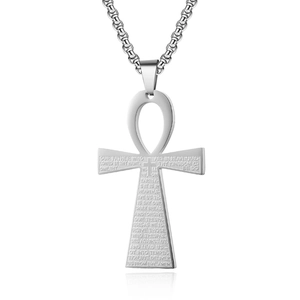 Collier croix Ankh en acier inoxydable argenté avec gravure de la prière du Seigneur