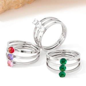 Three-layer silver stainless steel rings with vibrant round zircon gemstones set on bands