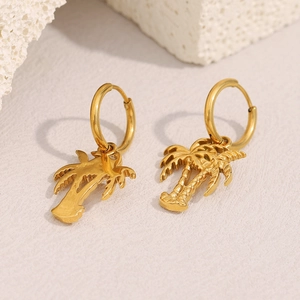 18K gold plated stainless steel hoop earrings featuring tropical palm tree pendants