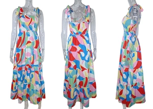 Detail of colorful geometric print maxi dress with tiered skirt and shoulder ribbon ties