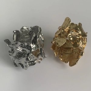 Exaggerated metal leaf flower petal wide open cuff bracelet in gold and silver finish