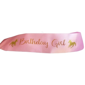 Pink satin Birthday Girl sash with gold glitter unicorn print for birthday parties