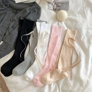 Five-pack of rib-knit mid-calf socks with sweet ribbons in black, white, pink, and grey