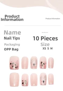 Detailed chart of light pink gradient press-on nails with silver butterfly and glitter