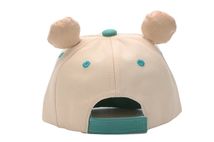Rear view of infant baseball cap featuring plush bear ears and green adjustable strap