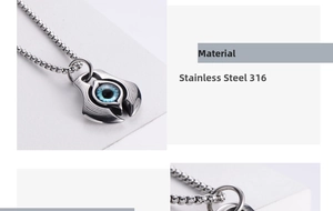 Macro detail of a 316 stainless steel Evil Eye pendant with intricate blue iris engraving