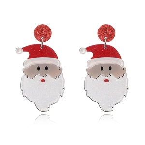 Festive Santa Claus dangle earrings with red glitter finish on white background