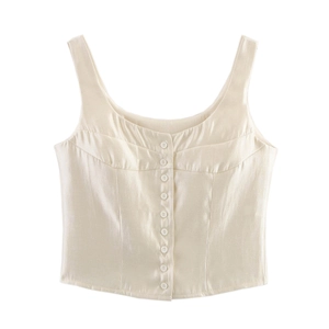 Satin Tanktop Damen Knopfleiste Ärmelloses Top Elegant Schmale Passform Kurzes Einfarbiges Creme Weißes Camisole