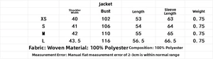 Tableau des tailles XS à L pour la veste réversible à boucle à nœud