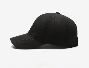 Detailed side view of black running cap with laser-cut breathability holes for ventilation