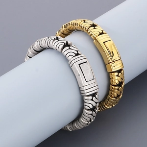 Men Vintage Wave Texture Chain Bracelet Retro Punk 316L Stainless Steel Heavy Biker Jewelry Antique Silver Gold