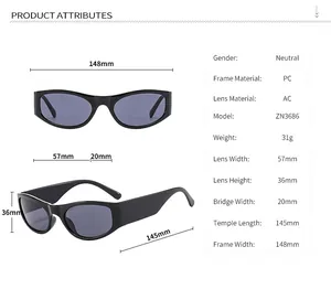 Sizing chart and technical specifications for retro rectangular frame sunglasses